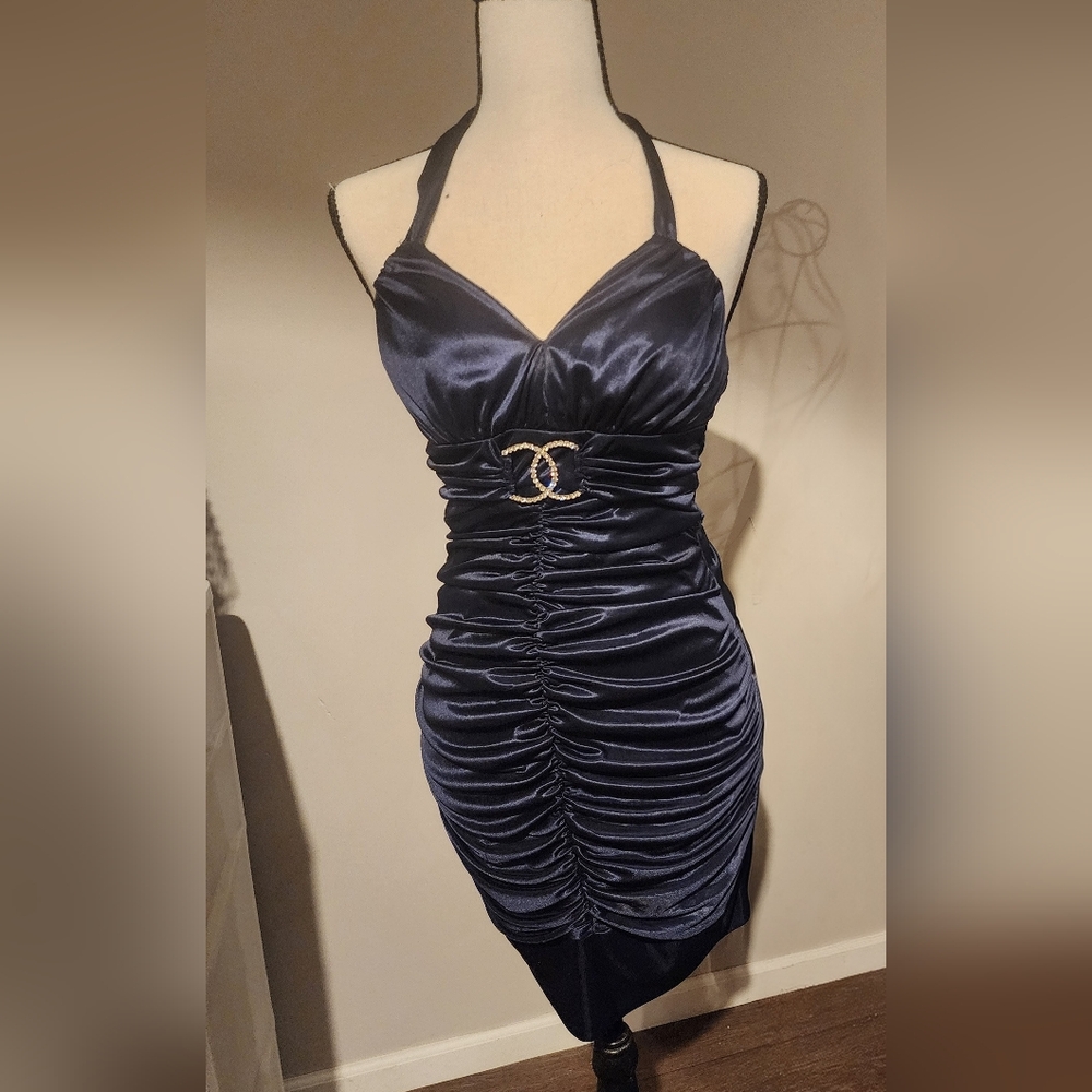 City Triangles Navy Satin Ruched Halter Mini Dress